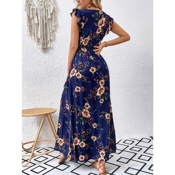 boho Floral Print Ruffle Trim Slit Thigh maxi Dress (Without Belt) - Picture 10 of 11